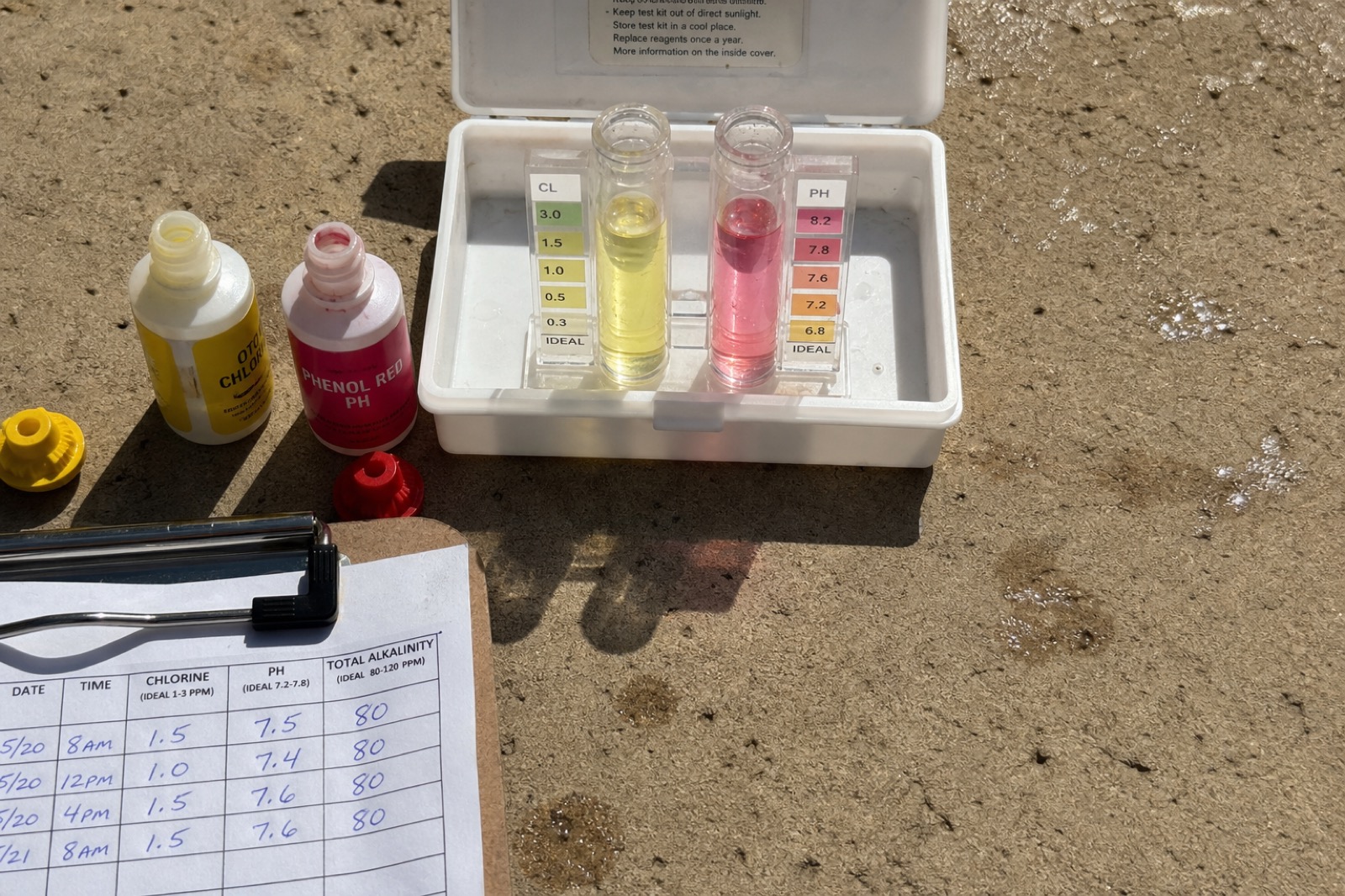 Chlorine and pH test vials on a sun-bleached pool deck next to a handwritten chemistry route card.
