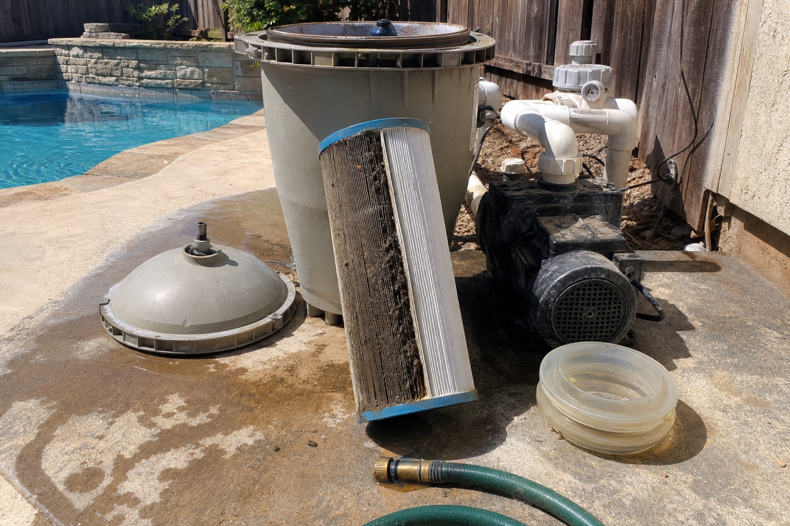 A cartridge filter pulled from its housing during a service visit, with a pump and PVC plumbing on the equipment pad behind it.